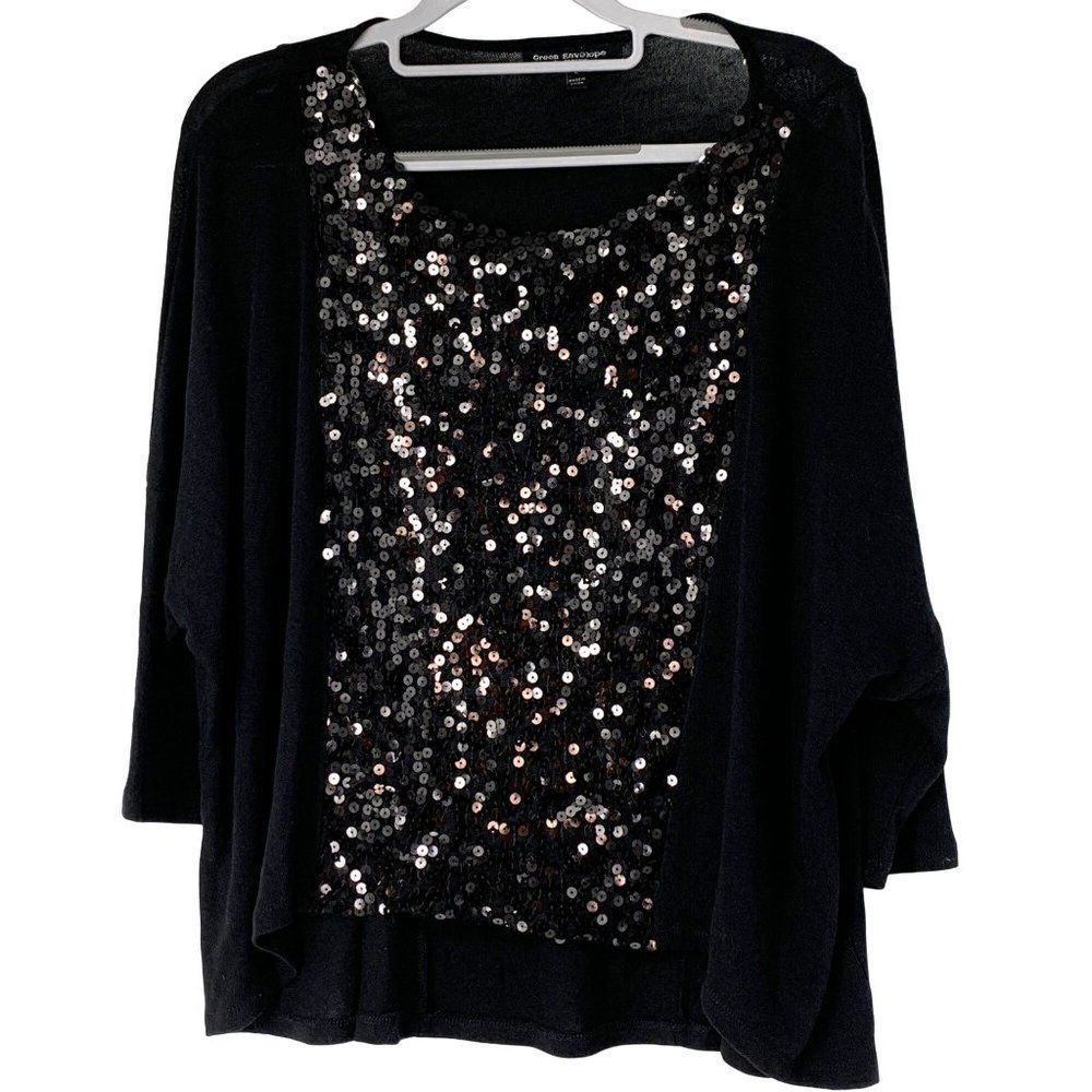 Womens Green Envelope  Black Sequin Sweater Top L Bling Dolman 3/4 Sleeve 5067